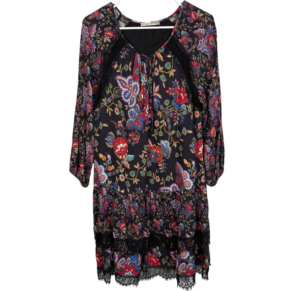 Alice + Olivia Lakita Floral Lace Trim Boho Dress Black Multicolor Tiered Large - Picture 3 of 16